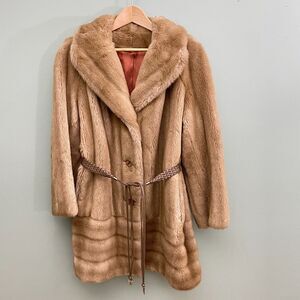 VTG Tissavel Faux Fur Coat Tan Brown Belted 80s Hollywood Glam Womens Large/XL